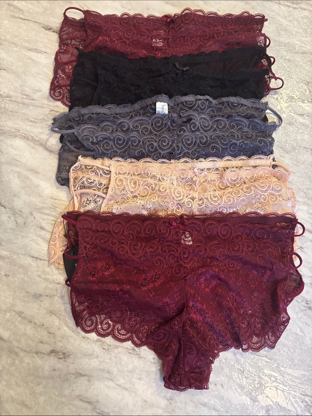 NWT! 5 Pc Kiss Lace Silky Bikini Briefs in Burgundy, Black, Gray & Cream